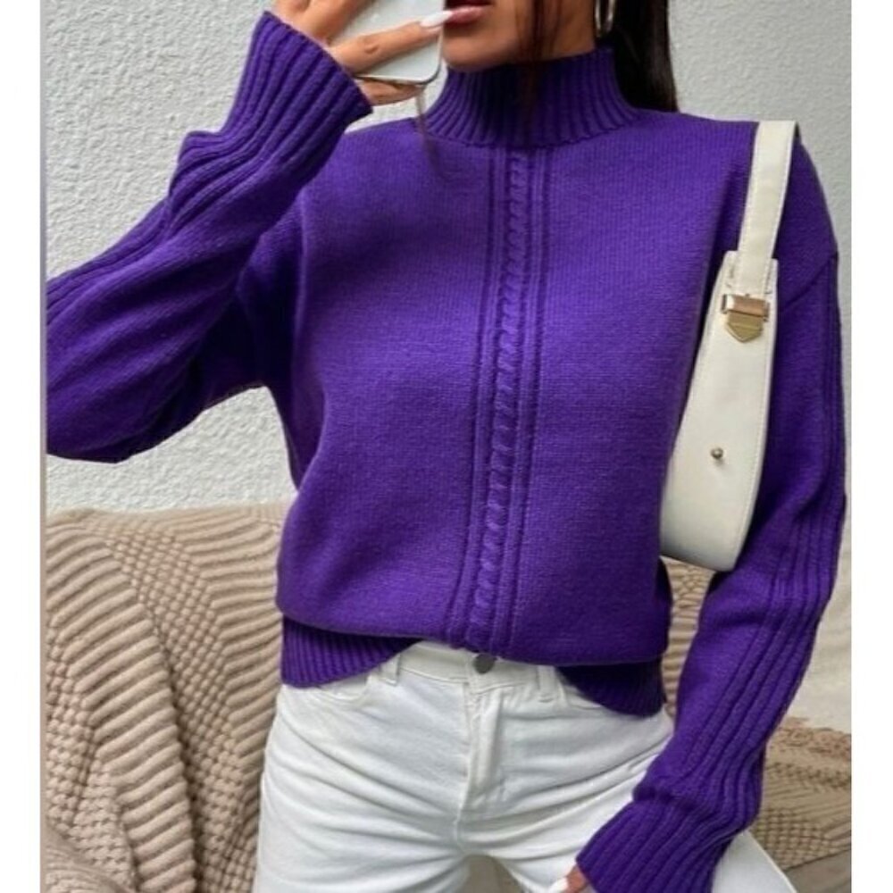 Casual Purple Round Neck Pullovers Cable kint